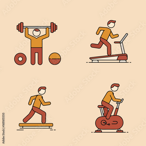 Exercise icons with running, lifting weights, cycling