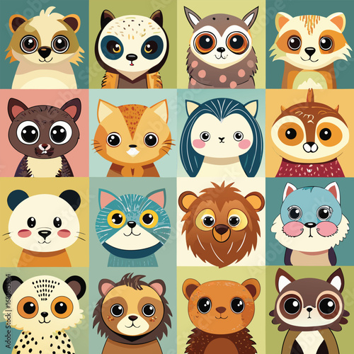 Collection of cute cartoon animal portraits in a grid layout