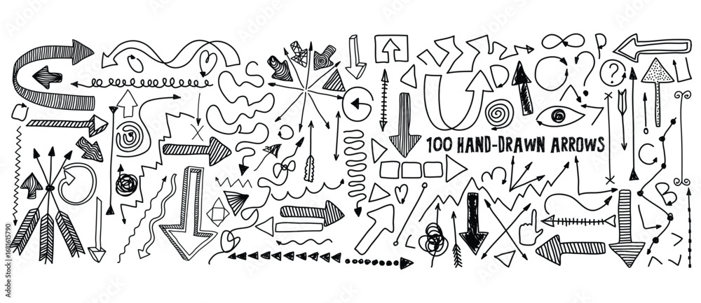 Fototapeta premium 100 Hand-Drawn Arrows Vector Set – Doodle Sketch Arrow Collection