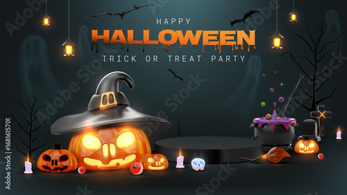 Happy Halloween text with empty black podium for show product with realistic 3D element, pumpkin, ghost, bat flying, candle, eye, magic cauldron, tree Halloween, gravestone and cross on dark scene.