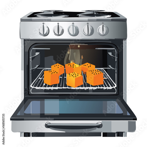 An entire pumpkin pie baking inside a rustic oven, a classic and cozy autumn comfort food preparation scene - Vector Illustration