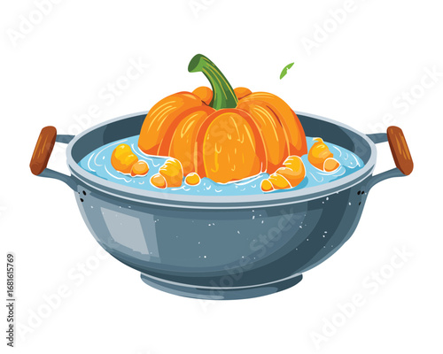 A whole pumpkin simmering in a large pot of water, a culinary preparation scene for a delicious pumpkin meal - Vector Illustration