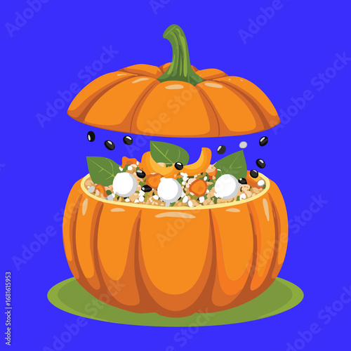 A whole pumpkin filled with delicious food and topped with marshmallows, a festive and unique autumn celebration dish - Vector Illustration