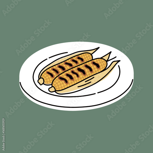 A hand-drawn illustration of two grilled corn cobs on a white plate, perfect for summer barbecue, harvest, and healthy food concepts.