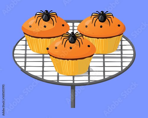 A group of Halloween-themed cupcakes with creepy spiders on a cooling rack, a fun and spooky dessert for the holiday - Vector Illustration
