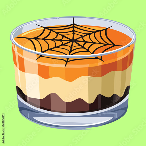 Layered pumpkin dessert in a glass with a spooky spiderweb decoration, a perfect Halloween sweet treat - Vector Illustration