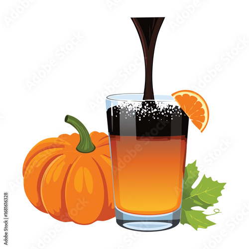  A glass of fresh orange pumpkin juice with a cinnamon stick, a delicious and aromatic autumn drink - Vector Illustration