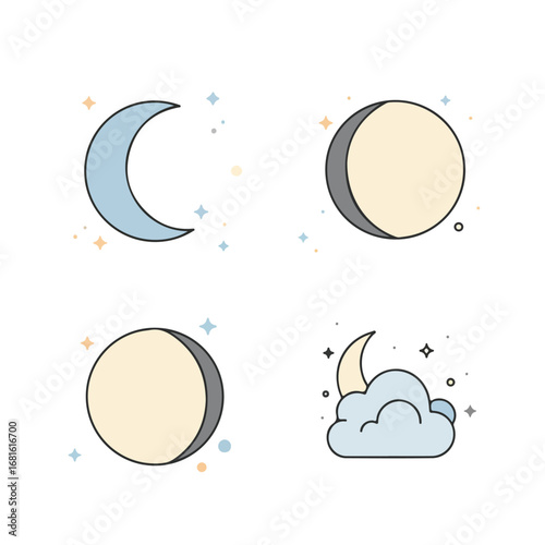 Moon Phases Various lunar shapes and a cloud with a crescent moon, with stars