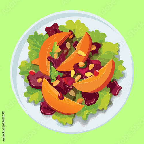 A fresh and healthy autumn salad featuring roasted pumpkin pieces and vibrant green leaves in a large bowl - Vector Illustration