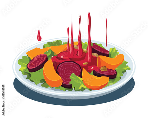 A vibrant beet and pumpkin salad with fresh greens and berries on a plate, a healthy and colorful autumn meal - Vector Illustration