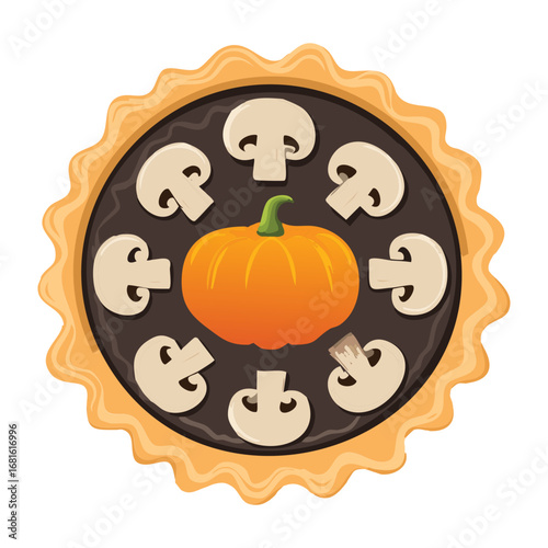 A savory pumpkin tart topped with various mushroom and cheese slices - Vector Illustration