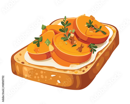 Gourmet bruschetta with sliced pumpkin, creamy cheese, and fresh herbs on bread - Vector Illustration