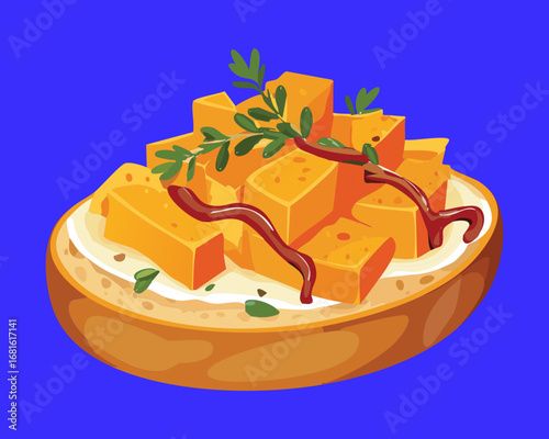 Delicious roasted pumpkin pieces on toasted bread with fresh herbs and spices - Vector Illustration