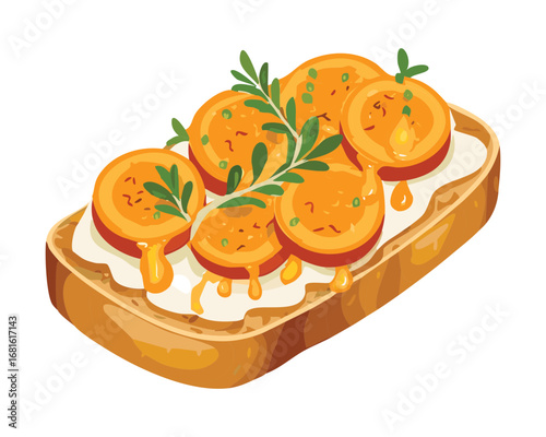Tasty bruschetta with roasted pumpkin, fresh herbs, and a savory seasoning - Vector Illustration