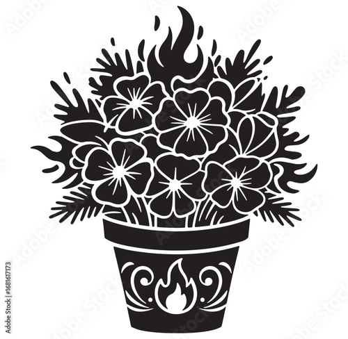 Black and white floral arrangement in a decorative pot with flame motif design