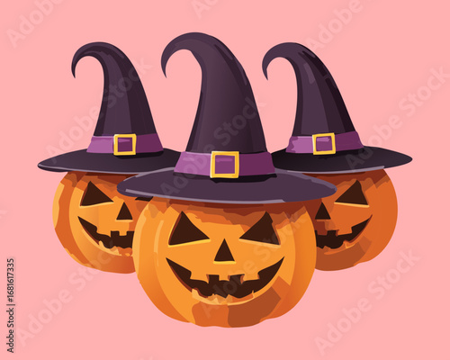 A trio of jack-o'-lanterns wearing witch hats, a spooky yet cute Halloween decoration - Vector Illustration