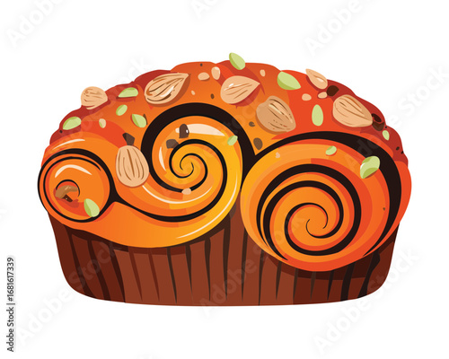 A delicious pumpkin cinnamon roll with nuts and spices, a warm and inviting autumn dessert - Vector Illustration
