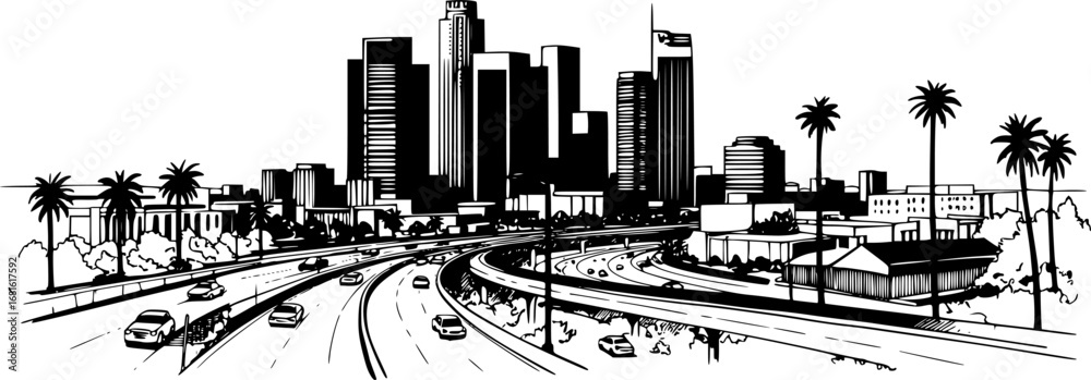 Fototapeta premium Cityscape, freeway, palm trees, architectural sketch, urban planning, Vector silhouette illustration isolated on white background 