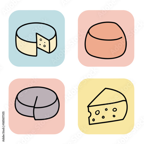Cheese Icons Four cheeses with various colors, shapes, cutouts, and holes