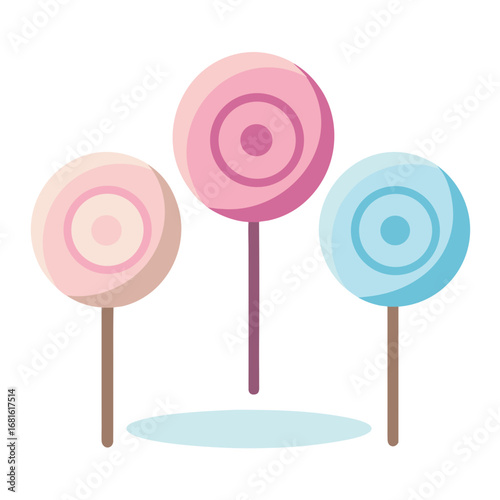 Three swirled lollipops in pastel pink and blue colors on white background