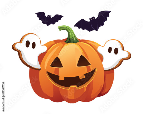 Wallpaper Mural A spooky jack-o'-lantern with flying bats and ghosts, a fun and classic Halloween decoration - Vector Illustration Torontodigital.ca