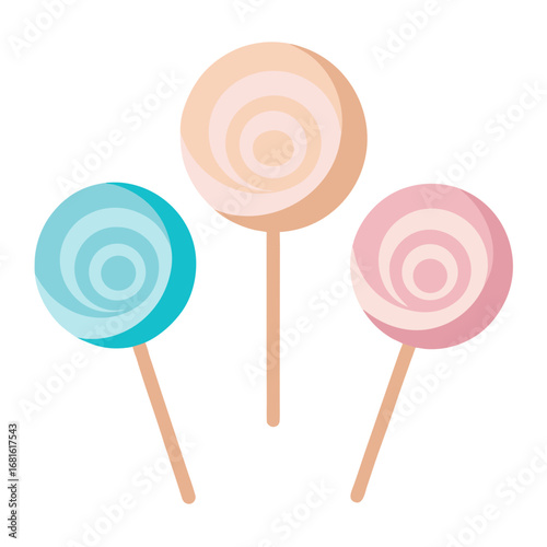 Three swirl lollipops in pastel colors on white background