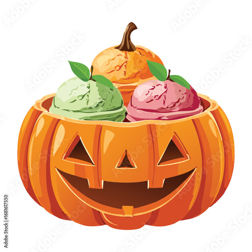 A festive pumpkin bowl filled with assorted scoops of ice cream, a delicious dessert for autumn - Vector Illustration