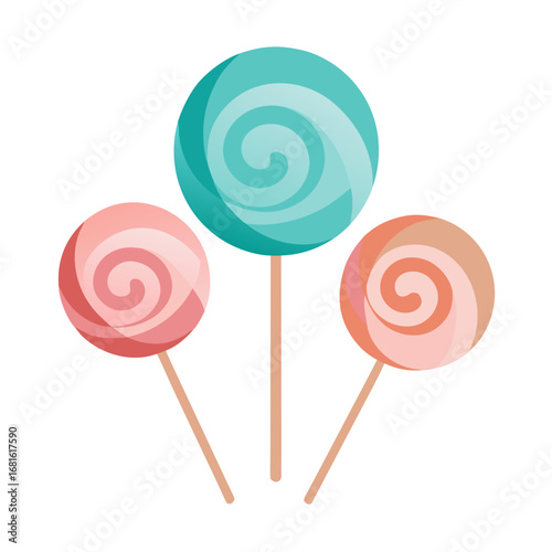 Three swirled lollipops in pastel colors on white background