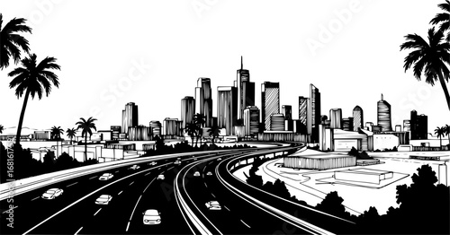 Cityscape, freeway, palm trees, architectural sketch, urban planning, Vector silhouette illustration isolated on white background
