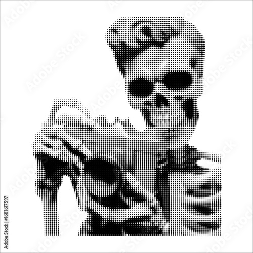 Halftone skeleton with camera. Retro grunge style illustration of skull character holding photo device. Vector graphic isolated on white background. Perfect for photography themes, alternative design,