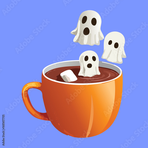 A pumpkin-themed hot chocolate with whipped cream and ghost marshmallows, a cozy Halloween treat - Vector Illustration