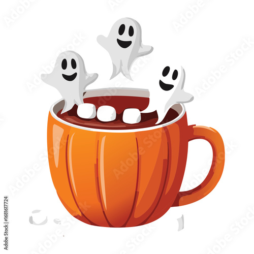 A spooky pumpkin mug with whipped cream and floating ghost marshmallows, a cute Halloween treat - Vector Illustration