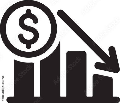 Black vector icon of declining financial graph with dollar sign