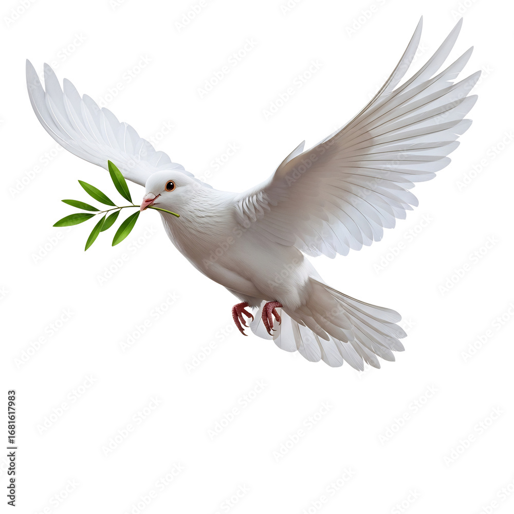 Obraz premium White dove flying with an olive branch, embodying peace, hope, and new beginnings. Perfect for Easter, Christmas, wedding invitations, funeral programs, sympathy cards,