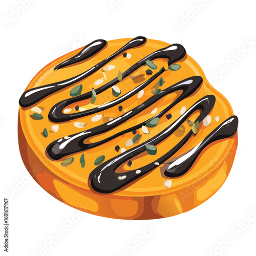 A delicious pumpkin donut topped with a swirl of rich chocolate icing and sprinkles - Vector Illustration