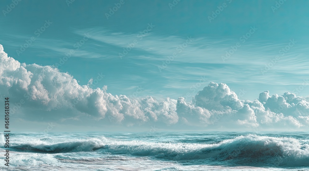 Obraz premium Vast ocean, cumulus clouds, tranquil sky