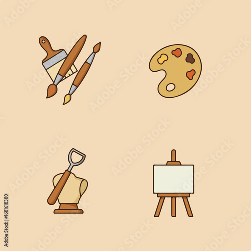 Art Supplies Brushes, palette, sculpture tool, and easel on a beige backdrop