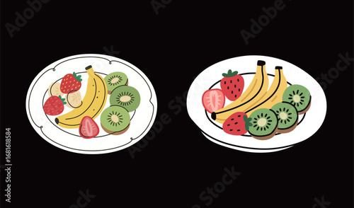 Two hand-drawn illustrations of a fruit plate with bananas, strawberries, and kiwi slices, perfect for healthy breakfast, dessert, and fresh food concepts.