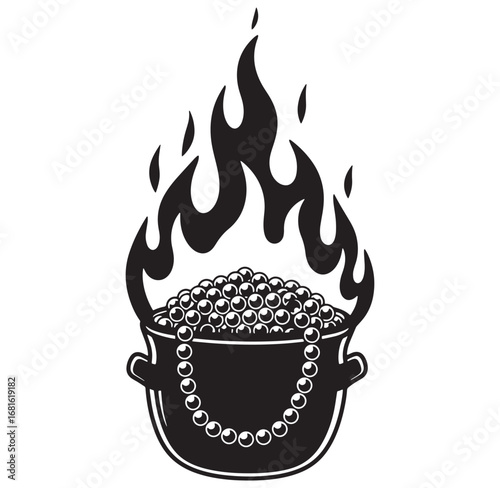 Black and white illustration of a bubbling cauldron filled with bubbles and flames