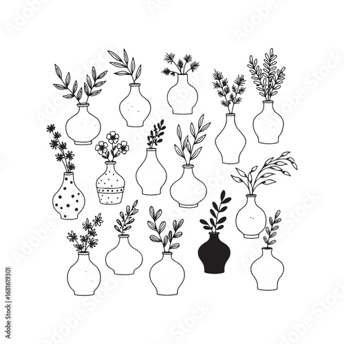 Collection of handdrawn vases with plants isolated on white background