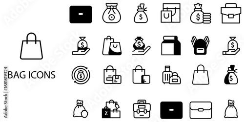 Bag simple concept 24 Black and White color icons set .Vector illustration.