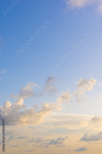 Vertical photo of pastel blue and golden sunset beautiful cloudscape.