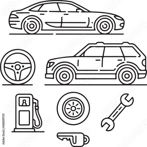 Modern car service and parts line icon set with sedan suv steering wheel and fuel pump for automotive industry