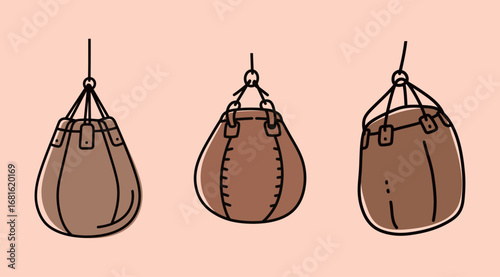 A set of three hand-drawn punching bag illustrations in a brown color scheme, perfect for boxing, gym, and fitness-themed designs.