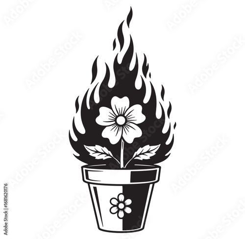 Black and white illustration of a flower in a pot surrounded by flames vector design