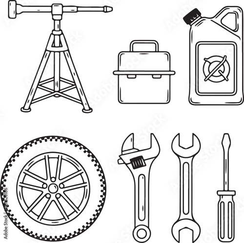 Auto mechanic tools line icon set with tire tripod jack and wrench for car emergency repair concepts