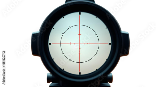 Black Circular Sniper Scope with Red Crosshairs and White Center isolated on transparent background