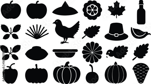 Vector art of assortment of black silhouette icons for thanksgiving, featuring turkey, pumpkins, apples, leaves, and pilgrim hats