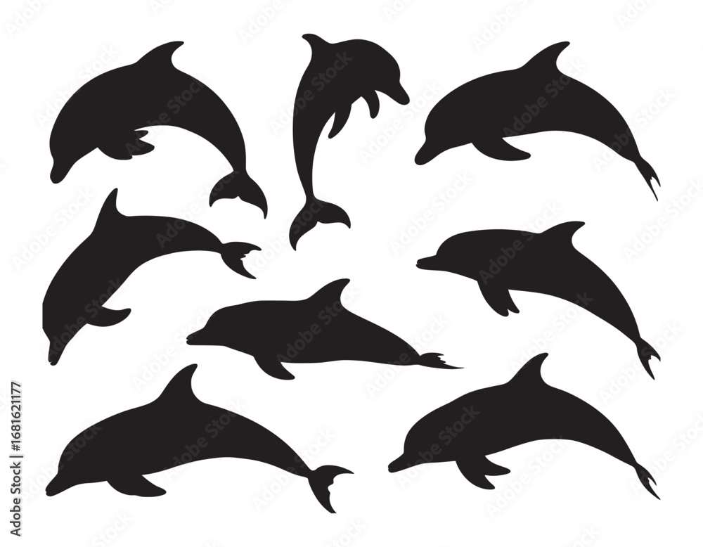 Naklejka premium Set of dynamic dolphin silhouettes showcasing their aquatic grace and playful movements in black and white