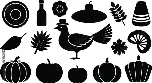 Vector art of thanksgiving and fall icons collection with pumpkins, dressed turkey, leaves, and bottle